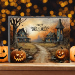 Happy Halloween Spuk Bauernhof Holzkisten Schild<br><div class="desc">Halloween-Holzkastenschild mit einem Aquarellbild eines Spuk Bauernhauses auf einem unheimlichen Herbstfest-Abend mit umherfliegenden Fledermäusen und brennenden Kürbissen, um Sie im Vordergrund zu begrüßen. Glücklicher Halloween-Gruß in einem spöttischen Schriftart in der Nähe der oberen Mitte des Hinweises. Weitere Größen sind erhältich. Das Bild muss unter Umständen an unterschiedliche Größen angepasst werden....</div>