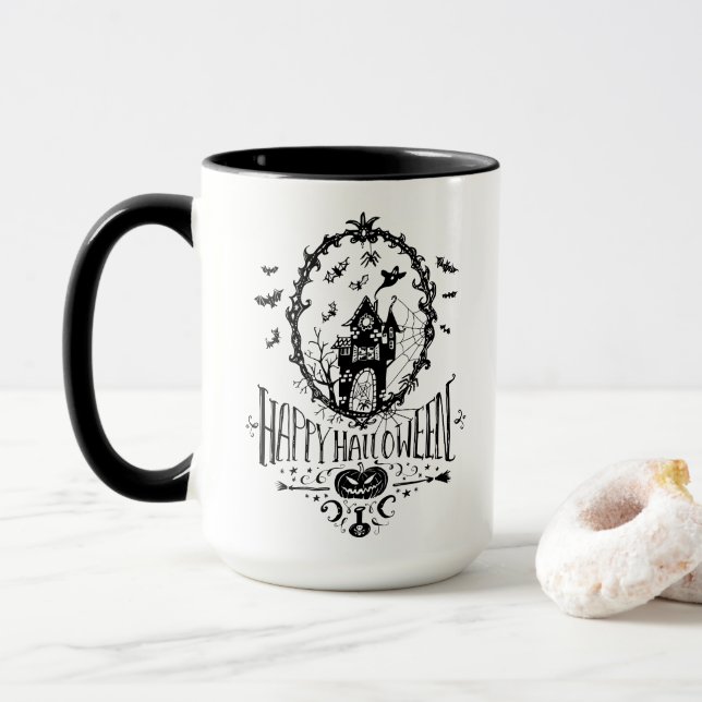 Happy Halloween Spuk Haus Extravagant dekorativ Tasse (Mit Donut)