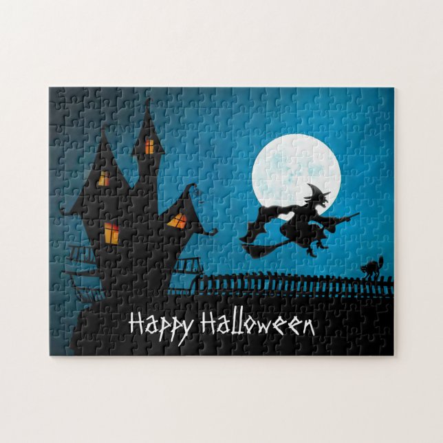 Happy Halloween Spuk Haus Hexenkloster Katze Puzzle (Horizontal)