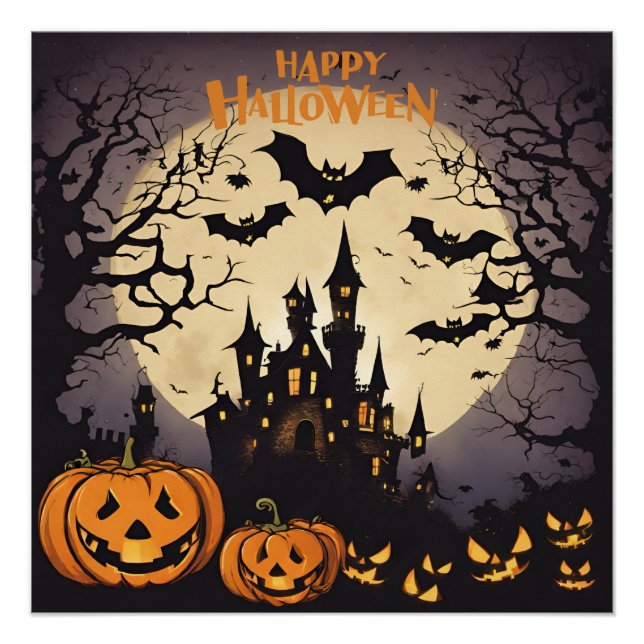 Happy Halloween - Spuk Haus, Pumpkins und Fledermä Poster (Vorderseite)