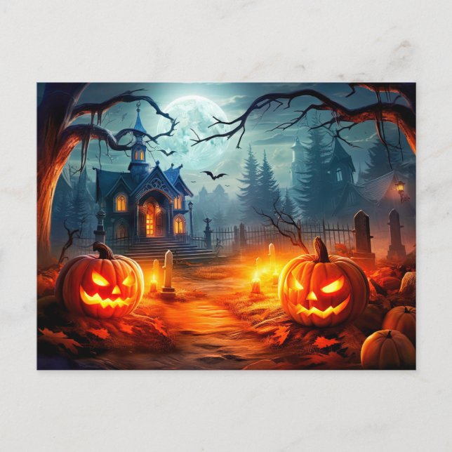 Happy Halloween Spuk House & Pumpkins Postkarte (Vorderseite)