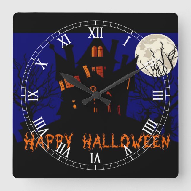 Happy Halloween Spuk House Quadratische Wanduhr (Vorderseite)