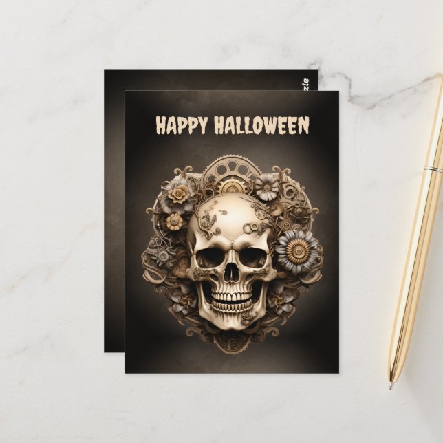 Happy Halloween Steampunk Skeleton Postkarte (Vorderseite/Rückseite Beispiel)