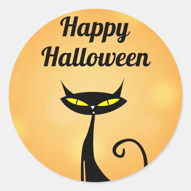 Happy Halloween Stilvolle Moderne Black Cat Orange Runder Aufkleber (Vorderseite)
