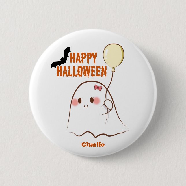 Happy Halloween Süsse Ghost Holding einen Ballonna Button (Vorderseite)