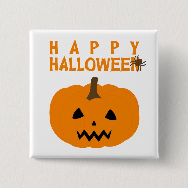 Happy Halloween Text und Kürbiskugel auf Weiß Butt Button (Vorderseite)