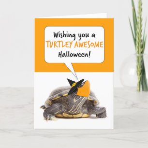 Happy Halloween Turtle in Hexenhut und Gesichtsmas Feiertagskarte