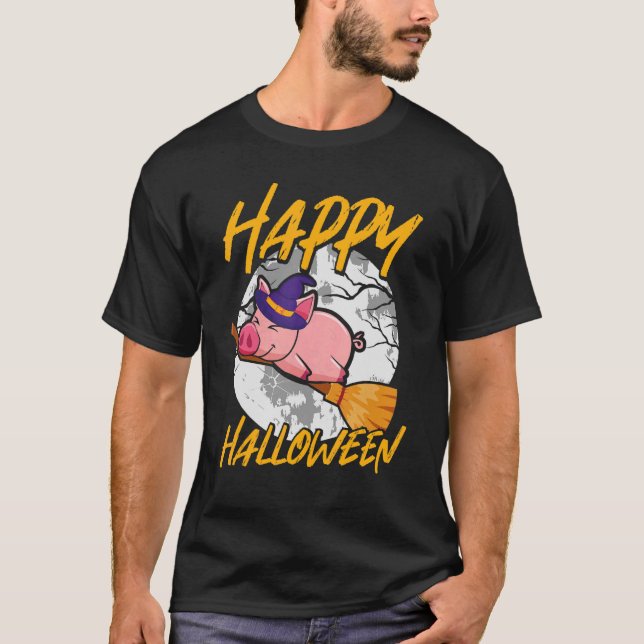 Happy Halloween u2013 Hexenpig Flying Broom Hallo T-Shirt (Vorderseite)