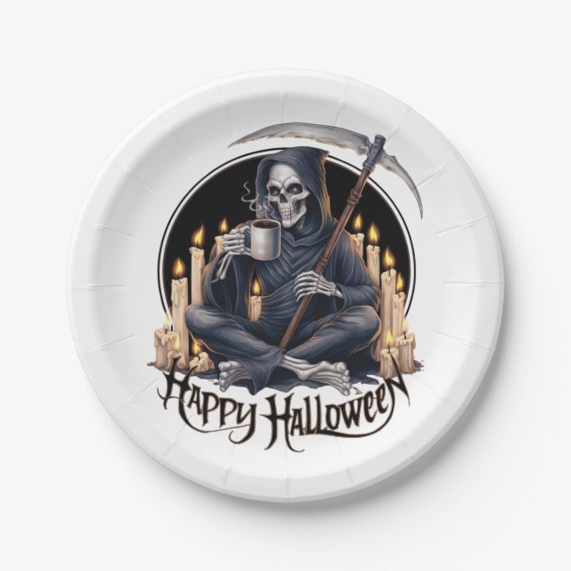 Happy Halloween und ein Skelett Pappteller (Vorderseite)
