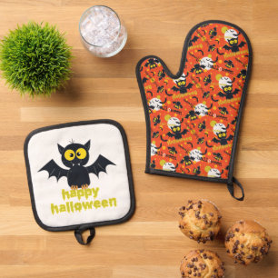 Happy Halloween Vampire Fang Flying Bats Vollmond Ofenhandschuh & Topflappen-Set