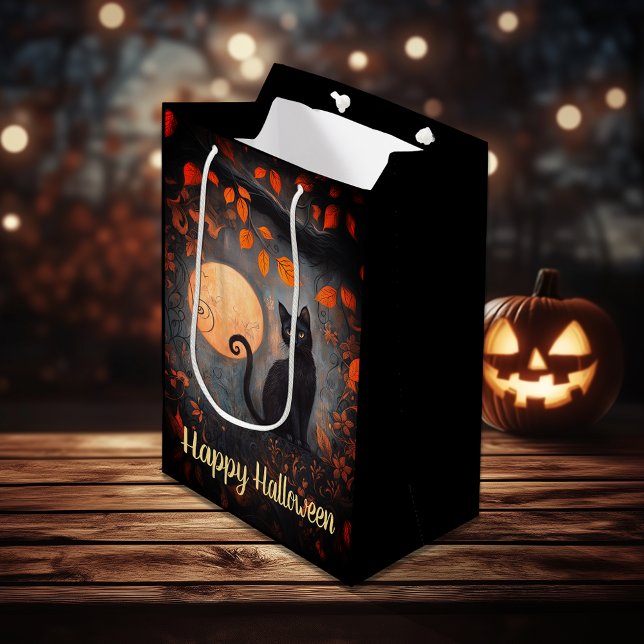 Happy Halloween Verziert Black Cat Vollmond Herbst Mittlere Geschenktüte (Happy Halloween Ornate Black Cat Full Moon Autumn Medium Gift Bag)