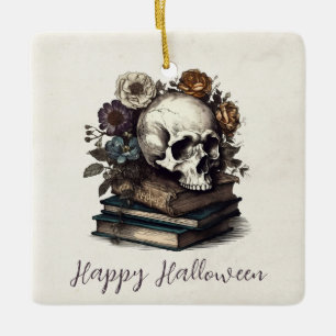 Happy Halloween Vintag Skull Books Dark Academia Keramikornament