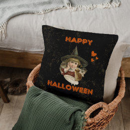 Happy Halloween Vintage Hexe mit Kätzchen Kissen