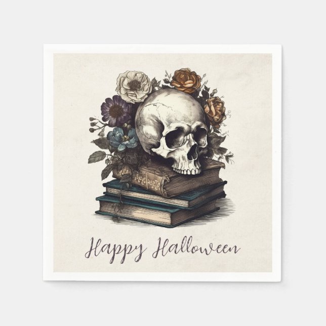 Happy Halloween Vintage Skull Books Dark Academia Serviette (Vorderseite)