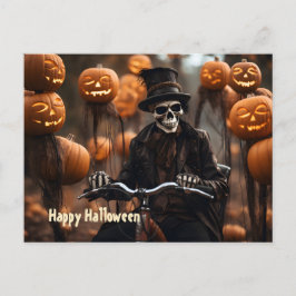 Happy Halloween Vintages Skelett, modernes Fahrrad Postkarte