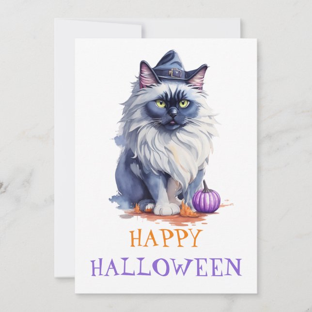 Happy Halloween-Vogelkatzenkatze in Hexenhut Feiertagskarte (Vorderseite)