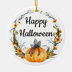 Happy Halloween Watercolor Pumpkin Wreath Keramik Ornament