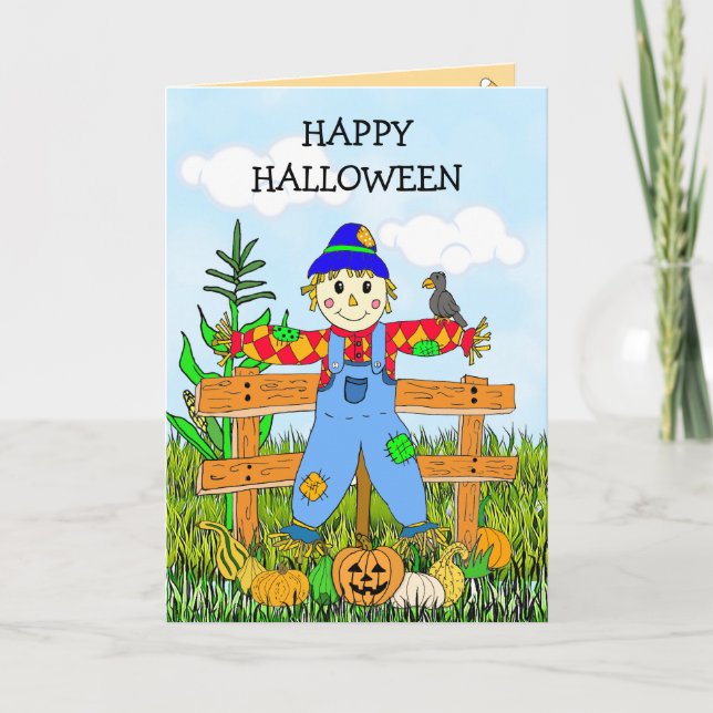 Happy Halloween Whimsical Scarecrow and Pumpkins Karte (Vorderseite)