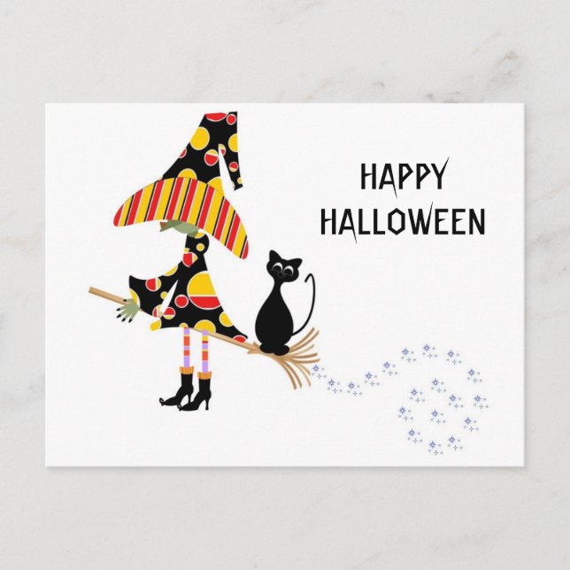 Happy Halloween Witch & Cat Postkarte (Vorderseite)