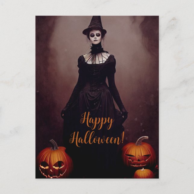 Happy Halloween with a witch in Gothic dress. Postkarte (Vorderseite)