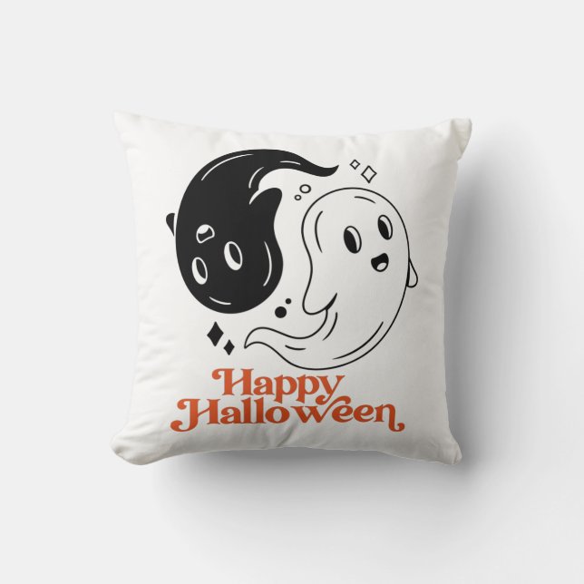 Happy Halloween Yin und Yang Black and White Ghost Kissen (Vorderseite)