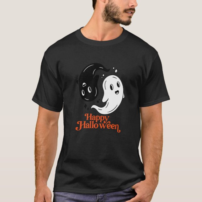 Happy Halloween Yin und Yang Black and White Ghost T-Shirt (Vorderseite)