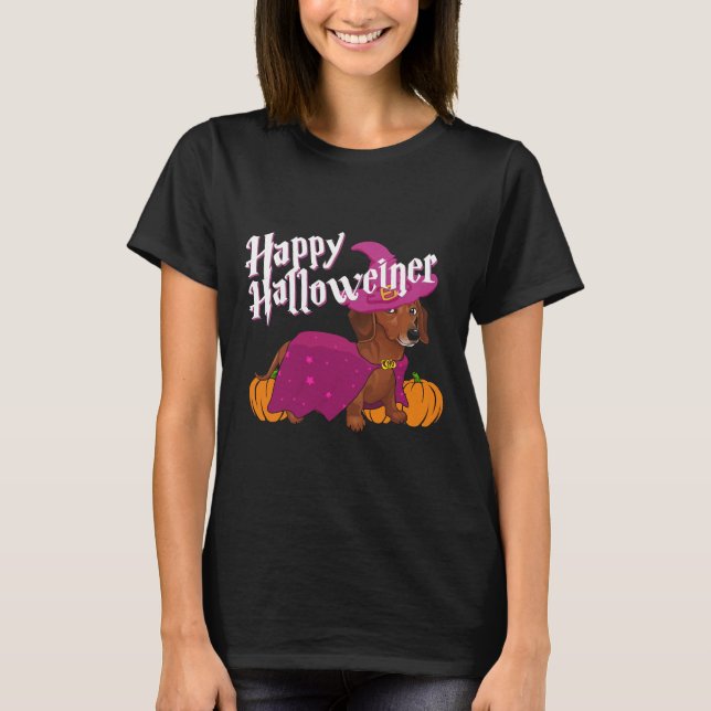 Happy Halloweenie Dackel Dackel Hund Hexenhut Pu T-Shirt (Vorderseite)