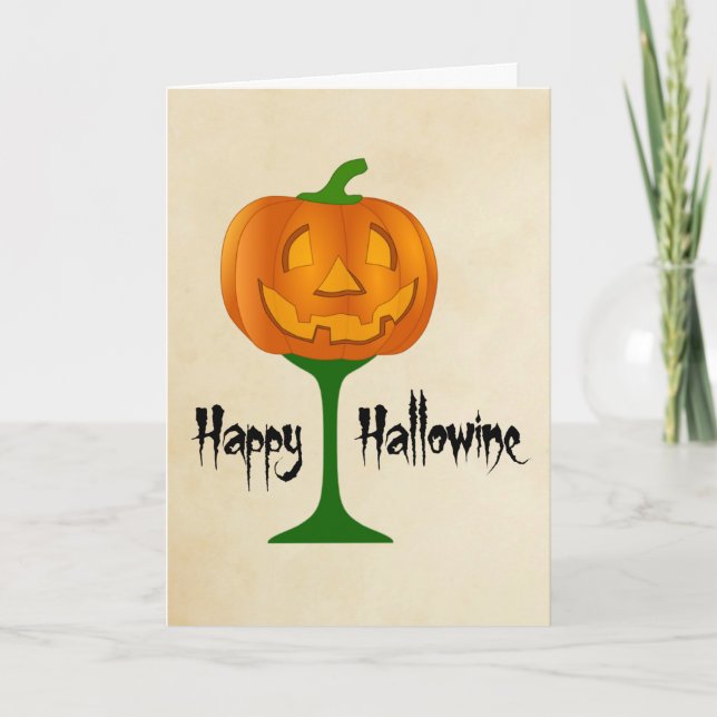 Happy Hallowine Pumpkin Wine Glass Halloween Karte (Vorderseite)