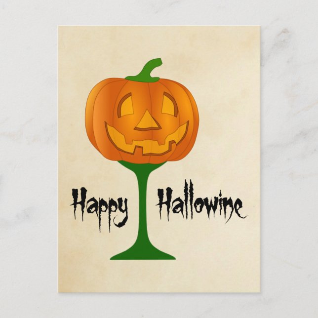 Happy Hallowine Pumpkin Wine Glass Halloween Postkarte (Vorderseite)