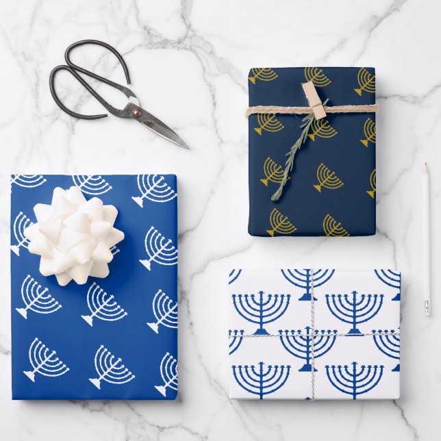Happy Hannukah blaue Kerzenhalter Muster Geschenkpapier Set (Vorderseite)