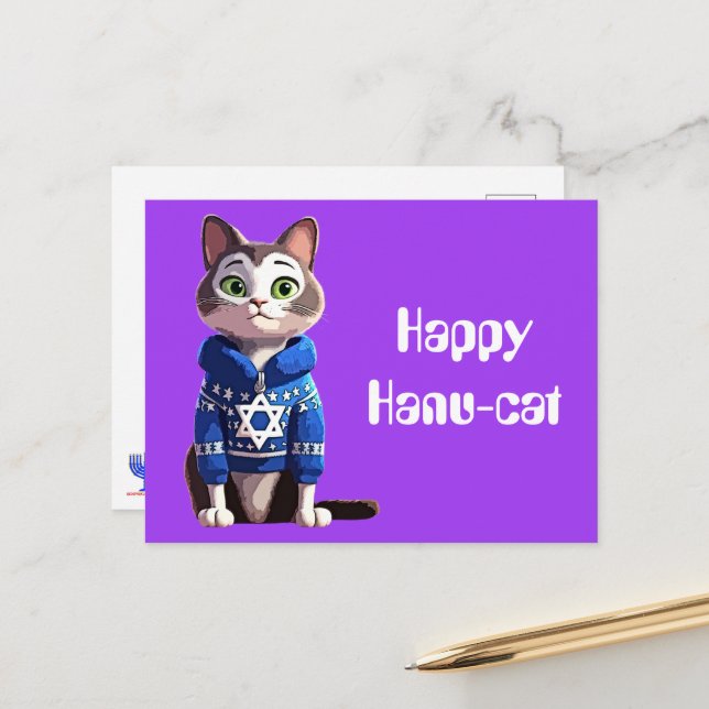 Happy Hanu-Cat | Katze in Hanukkah Sweater Postkarte (Vorderseite/Rückseite Beispiel)
