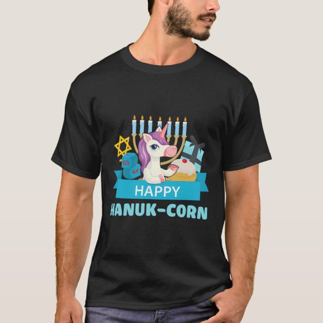Happy Hanuk-Corn Unicorn Menorah Hannukah Geschenk T-Shirt (Vorderseite)