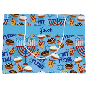 Happy Hanukah Add Name Blue Dreidel Menorah Große Geschenktüte
