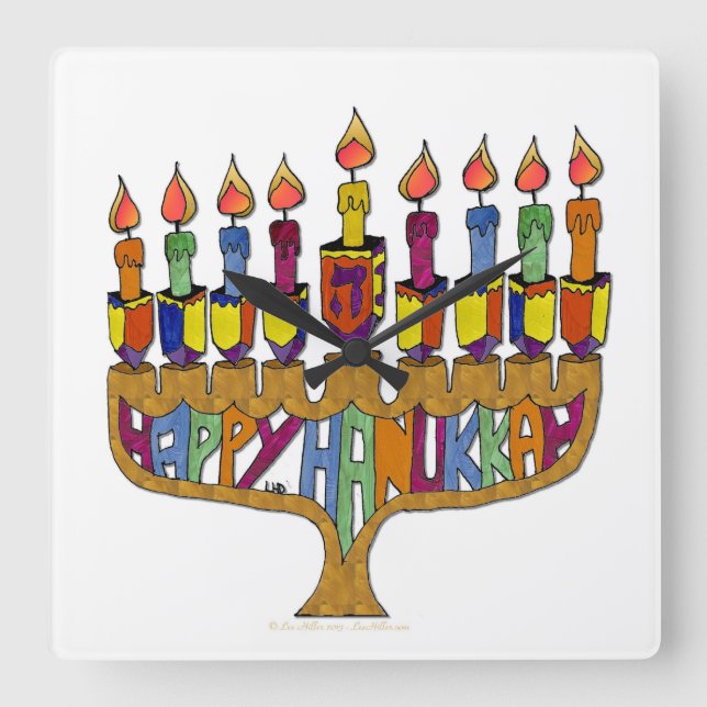 Happy Hanukah Dreidels Menorah Quadratische Wanduhr (Vorderseite)