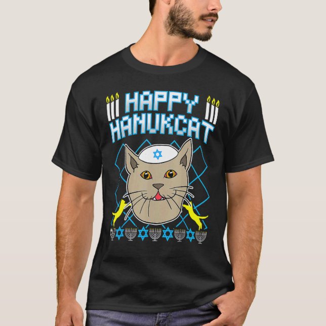 Happy Hanukcat  Jewish Cat Ugly Christmas Sweater T-Shirt (Vorderseite)