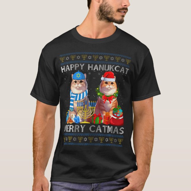 Happy Hanukcat Merry Catmas Ugly Christmas Chanuka T-Shirt (Vorderseite)