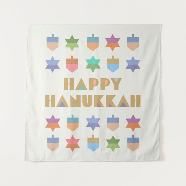 Happy Hanukka Dreidels und Sterne Wandteppich (Vorderseite)