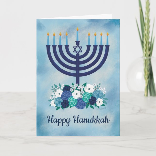 Happy Hanukka Floral Menorah Danke Karte (Vorderseite)