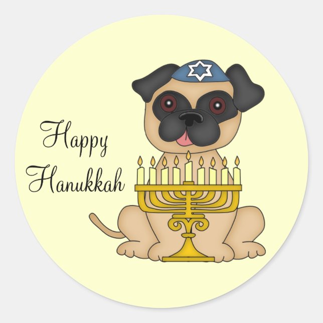 Happy Hanukka-Mops Hund mit Menorah Runder Aufkleber (Vorderseite)