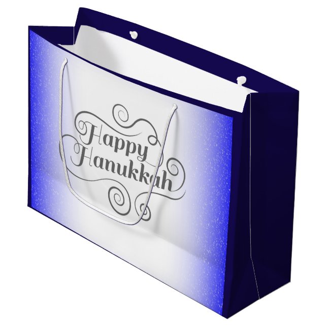 Happy Hanukkah 2-Tönige Blue White Background Große Geschenktüte (Vorderseite Schrägansicht)