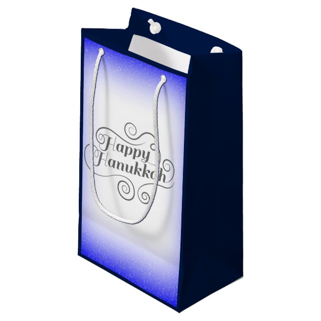 Happy Hanukkah 2-Tönige Blue White Background Kleine Geschenktüte (Vorderseite Schrägansicht)
