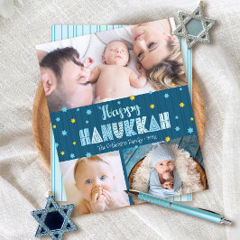 Happy Hanukkah 3 Foto Blue Gold Stars Card