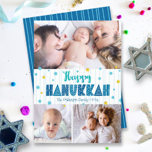 Happy Hanukkah 3 Foto Moderne Typografie Gold Star Feiertagskarte