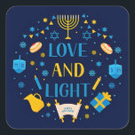 Happy Hanukkah, alle jüdischen Feiertage, Quadratischer Aufkleber<br><div class="desc">LIEBE UND LICHT MENORAH GIFT STAR VON DAVID HANUKKAH</div>