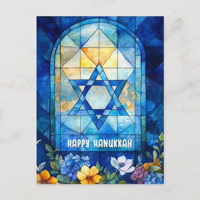 🕎 Happy Hanukkah, anpassbarer Buntglaswind Postkarte (Vorderseite)