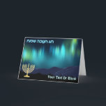 Happy Hanukkah - Aurora Borealis Feiertagskarte<br><div class="desc">Chanukkah Grüße aus dem Frozen Chosen. Eine farbenfrohe Darstellung des Polarlichts, oder der Nordlichter, mit Fraktalen, die auf einem digitalen Gemälde schneebedeckter Berge überragt sind. Eine Chanukkah menorah erscheint zusammen mit hebräischer Textlektüre, "ח ח נ ה גוכשמח Chang Chanukkah Sameach - Happy Hanukkka). Fügen Sie Ihren eigenen zusätzlichen Text hinzu....</div>
