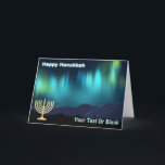 Happy Hanukkah - Aurora Borealis Feiertagskarte<br><div class="desc">Chanukkah Grüße aus dem Frozen Chosen. Eine farbenfrohe Darstellung des Polarlichts,  oder der Nordlichter,  mit Fraktalen,  die auf einem digitalen Gemälde schneebedeckter Berge überragt sind. Eine Chanukkah menorah erscheint zusammen mit Text lesen,  "Happy Hanukkah". Fügen Sie Ihren eigenen zusätzlichen Text hinzu.</div>