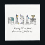 Happy Hanukkah aus New York City NYC Chanukah Serviette<br><div class="desc">Im Design finden Sie eine originelle Bridge-und-Tinte-Illustration verschiedener New Yorker Sehenswürdigkeiten, darunter die Freiheitsstatue, den Washington Square Arch und die Brooklyn Bridge, die für die Feriensaison "gekleidet" ist. Ideal um Hanukkah und die jüdischen Feiertage zu feiern. Dieses NYC Design ist auch auf anderen Produkten erhältlich. Auch die Koordination von Chanukah...</div>
