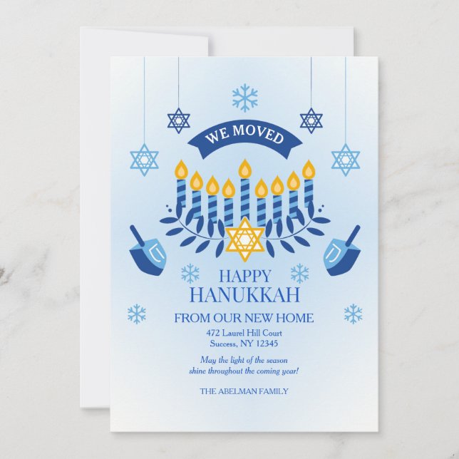 Happy Hanukkah aus unserer neuen Zuhause-Urlaubska Einladung (Vorderseite)