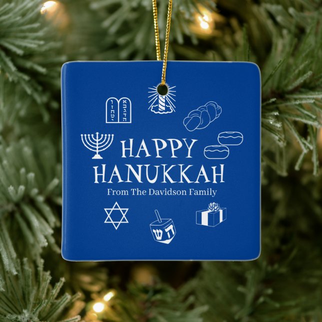 Happy Hanukkah Blau & Weiß benutzerdefinierte Fami Keramikornament (Baum)